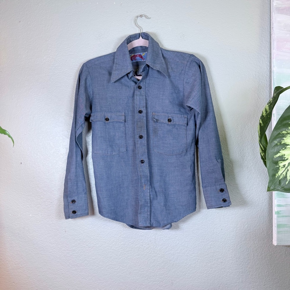 Wrangler Dragon Embroidered Western Denim Blue Red Button Down Collared Shirt 14 - Picture 2 of 10